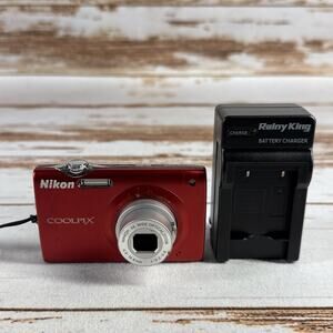 Nikon Coolpix S205 12MP Red Digital Camera w/ OEM Battery & Charger – Tested